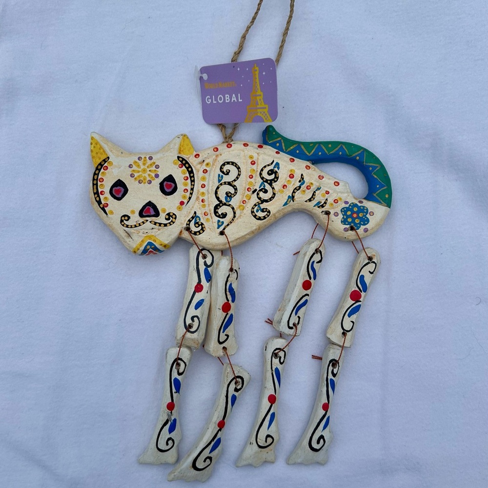 Christmas World Market Cat Day of the Dead ornament White Wood New - Picture 2 of 7